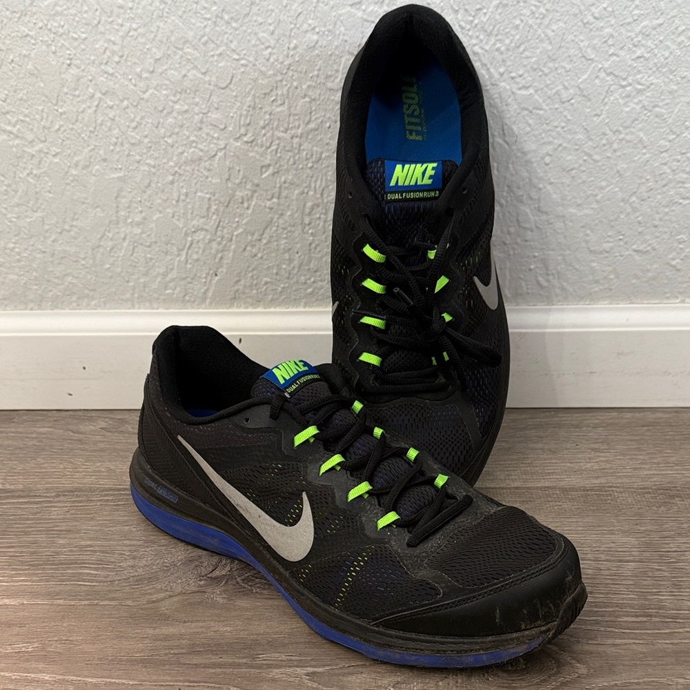 Nike Dual Fusion Run 3 Men's Black, Blue and Lime Green Athletic Shoes
